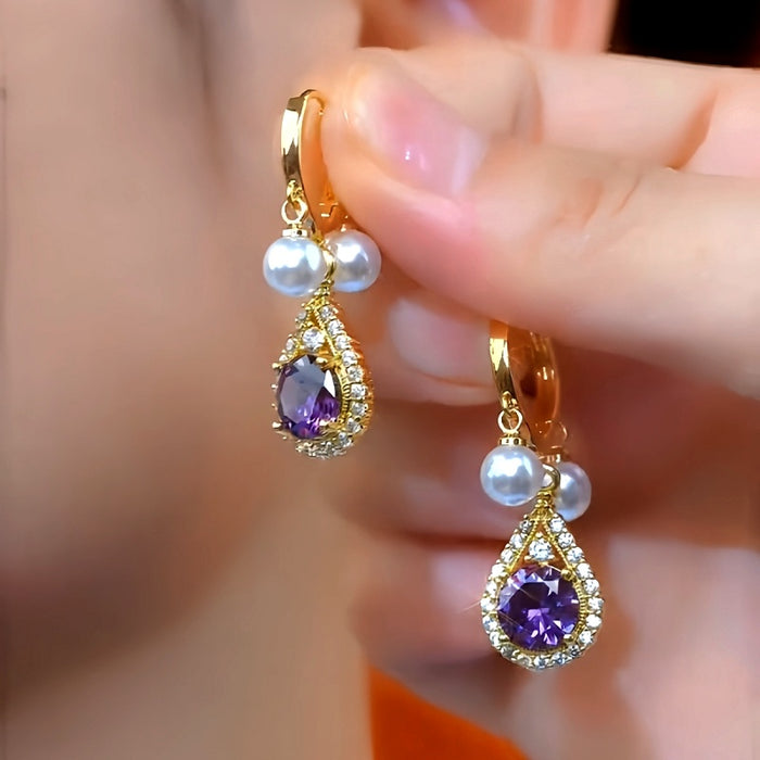 18K Gold-Plated Elegant Purple Zircon Diamond Pearl Tassel Earrings
